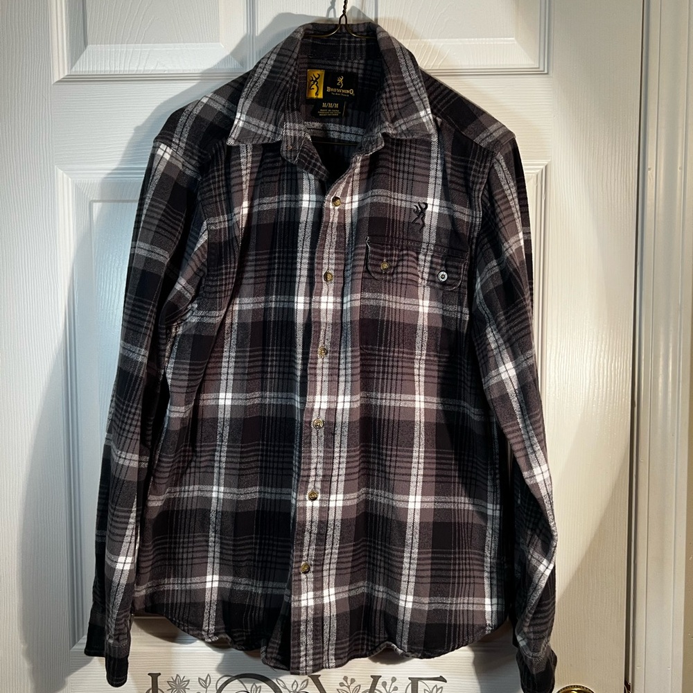 Browning Men's Black, Gray & White Plaid Flannel Button-Down Shirt